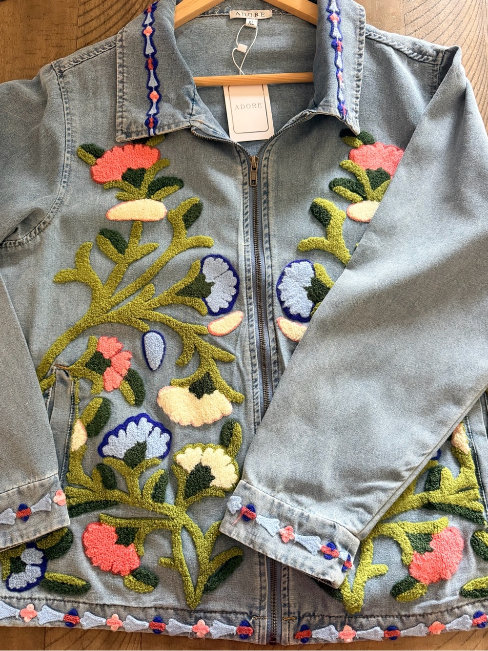NWT Adore XL Embroidered Zip Front Denim Jacket Floral Statement Blue Boho - Picture 6 of 15